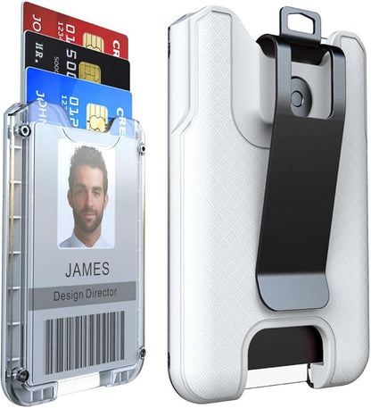 LIUGX Badge Holder, ID Card Holder with Metal Clip - Durable Polycarbonate (Holds 1 to 4 Cards), Portable Wallet for Office, Laborer, Police, Work, White