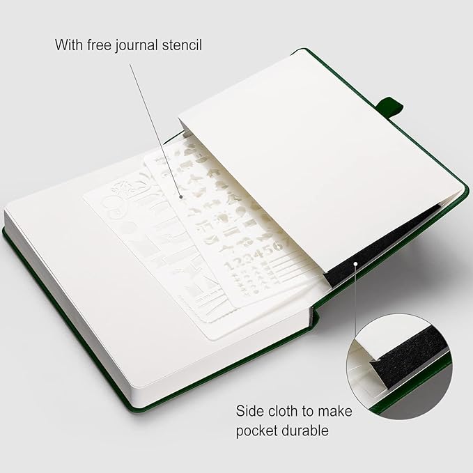 AHGXG Bullet Dotted Journal - 320 Numbered Pages Dot Grid Notebook A5 Thick Journal, 100gsm Thick Dotted Paper, Leather Hardcover,Inner Pocket, 5.75'' × 8.38'' - Green