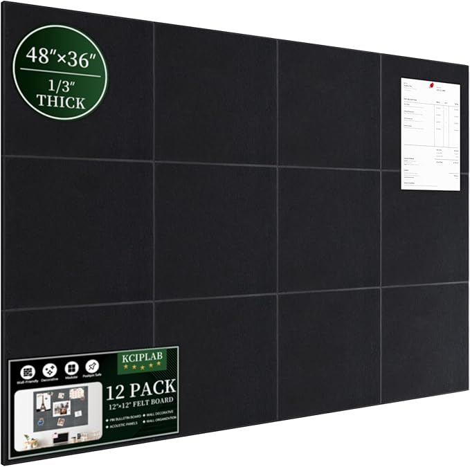 Large Cork Bulletin Board for Wall 48"x36", 12 Pack Felt Wall Tiles with 80 Pushpins, 60 Safe Removable Adhesive Tabs, Decorative Pin Board Tack Board for Office Home School, Black