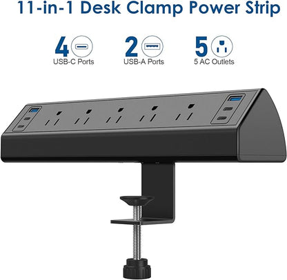 Desk Clamp Power Strip USB C,40W Total Fast Charging Station,4 PD 20W USB C Ports,Desk Edge Mount Power Strip 6 USB Ports 5 AC Outlets Surge Protector,6ft Cord,Fit 1.96" Tabletop Edge