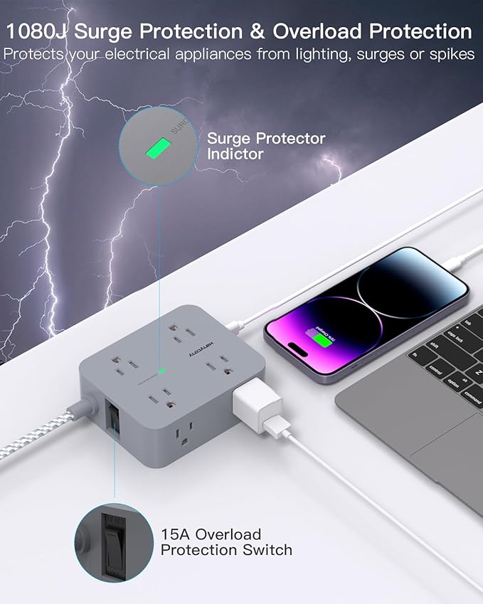 Extension Cord 6 Feet, Surge Protector Power Strip with 2 USB C Ports, 8 Outlets Extender with Flat Plug, Multi Plug Oulet for College Dorm Room Essentials