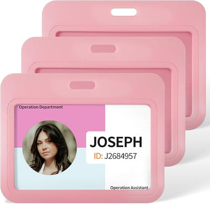 Uniclife 3 Pack Sliding ID Badge Holder Pink Horizontal Hard Plastic Case with Clear Window Card Protector Pouch for Office School ID Credit Cards Proximity Key Cards Driver’s Licenses and Passes