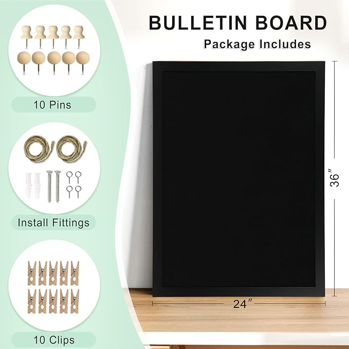 Large Cork Board Double-Sided Bulletin Board with Linen 36"x 24", Black Cork Boards for Walls Wood Frame Hanging Pin Board, Cork Board for Office Home School 1-Pack