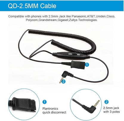 QD Headset with 3.5mm Jack&USB-C Adapter for PC,Cellphone,Tablet, 2.5mm Jack Compatible with Panasonic-Cisco-AT&T-Polycom-Grandstream IP Phones, etc., with Mute, Volume Control (Mono)