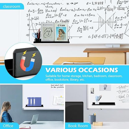 Magnetic Book Shelf for Whiteboard, Magnetic Book Holder File Rack with a Pen Container and Two Hook Acrylic Book Shelves Metal Floating Book Display Shelf for Teacher Kids Room Office(Black)