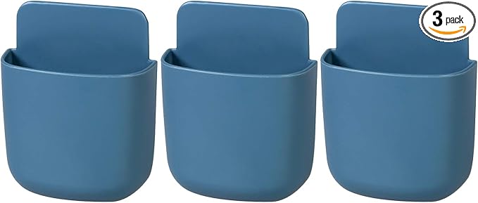 3 Pcs Remote Control Holder, Wall Mount Pen Holder Hole-Free Self Adhesive Phone Charging Organizer Pencil Storage Containers for Home Office School Supply Orgaizer (Blue