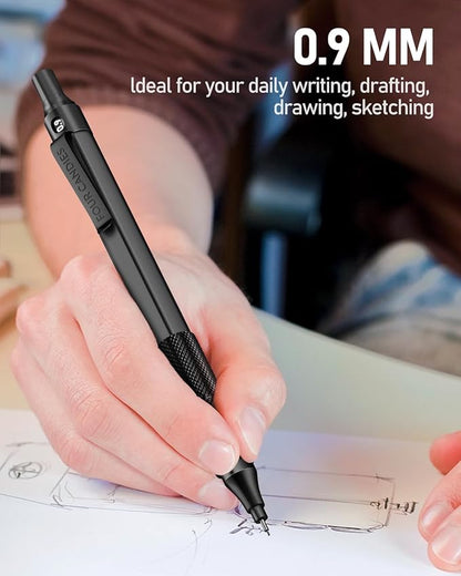 Four Candies 0.9mm Mechanical Pencil Set with Case, 3PCS Metal Artist Lead Pencil with 8 Tubes (480PCS) HB Lead Refills, 3 Erasers, 9 Eraser Refills For Engineer Art Writing Drafting, Black