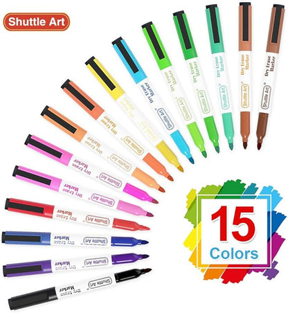 Shuttle Art Dry Erase Markers, 15 Colors Magnetic Whiteboard Markers with Erase,Fine Point Perfect For Writing on Whiteboards, Dry-Erase Boards,Mirrors for School Office Home