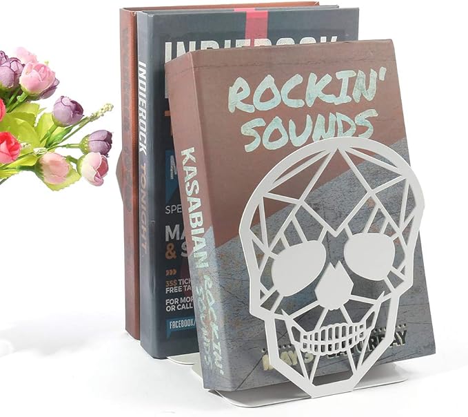 Metal Skull Design White Bookend - Heavy-Duty Bookends for Shelves, Skull Book Ends for Heavy Books, Book Shelf Holder Home Office Decorative Desktop Organizer (1 Pair-White)