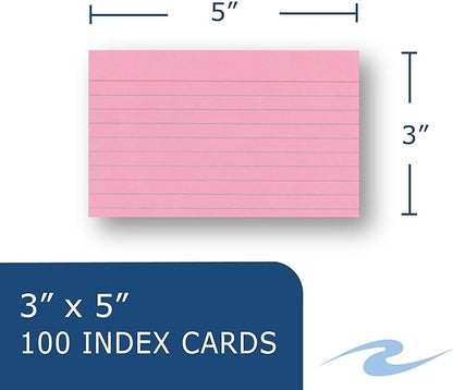 Roaring Spring Colored Index Cards 3"x5", 100 Count, Smooth 100# Index Paper, Ruled on Front, Blank on Back, 3 Colors (Pack of 36)