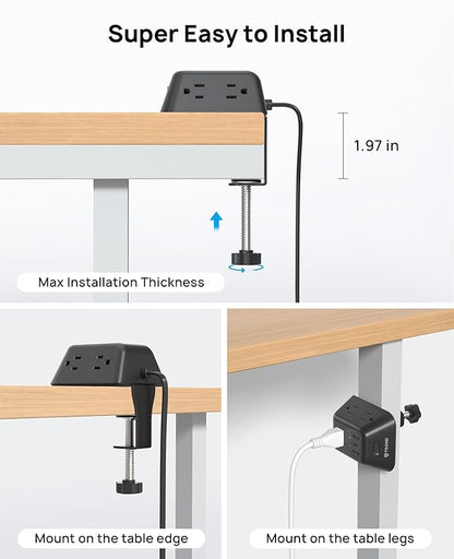 Desk Clamp Power Strip, Surge Protector with 5 AC Outlets and 3 USB Ports, Desk Mount Charging Station, Fit 1.97in Tabletop Edge Thick, 10FT Extension Cord, for Home Office Gaming Accessories