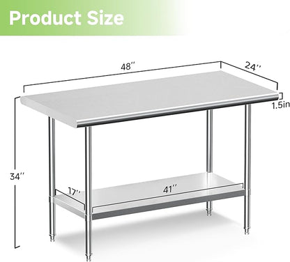 Real Relax Stainless Steel Table, NSF Commercial Heavy Duty Stainless Steel Table for Prep with Adjustable Undershelf, for Commercial Kitchen, Laundry Room and Garage - 24" D x 48" W x 34" H