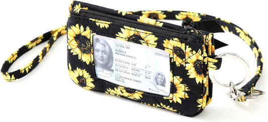 WONDERFUL FLOWER Card Holder, RFID Blocking, ID Holder with Lanyard for Women, Dual Pockets, Badge Holder, Lanyard Wallet, Fabric Keychain ID Pouch, Sunflowers