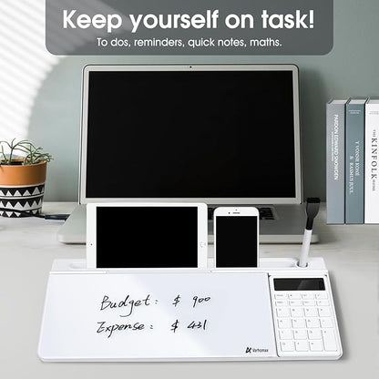 Varhomax Glass Desk Whiteboard with Calculator, Desktop Dry Erase White Board with Storage, to Do List Memo Notepad for Home and Office