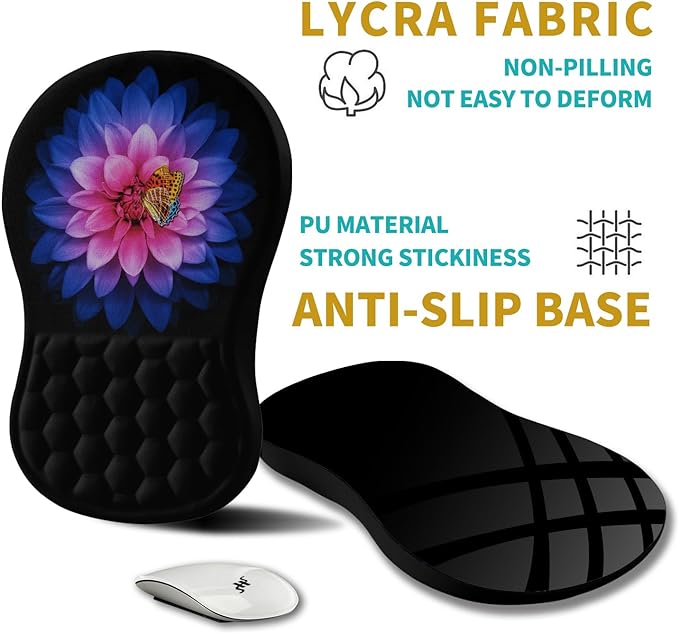 Hokafenle Ergonomic Mouse Pad Wrist Support, Wrist Rest Mousepad for Carpal Tunnel Pain Relief with Integrated Memory Foam Slope Massage Bulge (11.8x7.9 inch,Butterfly Lotus Floral