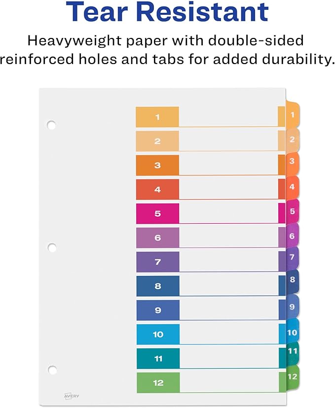 Avery 12 Tab Dividers for 3 Ring Binders, Customizable Table of Contents, Multicolor Tabs, 1 Set (11141)