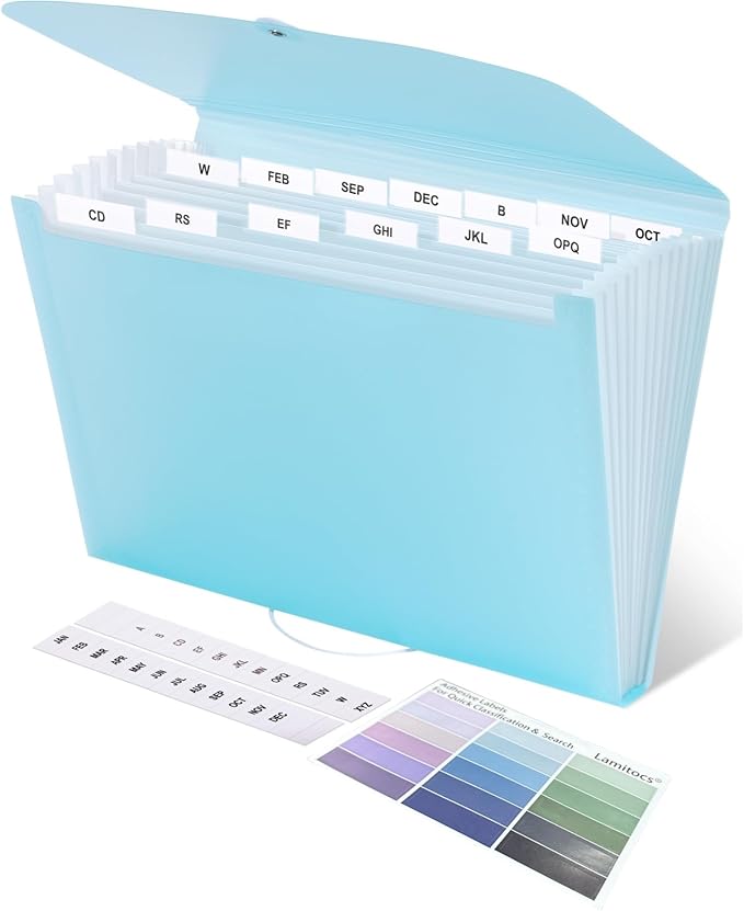 Expanding File Folder A4,13 Pockets File Organiser with Colored Tags, Paperwork A4 Plastic Wallet Document Storage Expander for School,Office and Home, Light Blue
