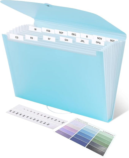 Expanding File Folder A4,13 Pockets File Organiser with Colored Tags, Paperwork A4 Plastic Wallet Document Storage Expander for School,Office and Home, Light Blue