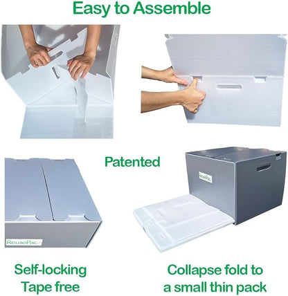 Reusable Foldable Box Corrugated PP Lightweight, Storage Moving, Heavy Duty Stackable, Tape Free Self-Locking Lid, Handles for Business Home In/Outdoors X-Large (Gray, 24x16x12 in)