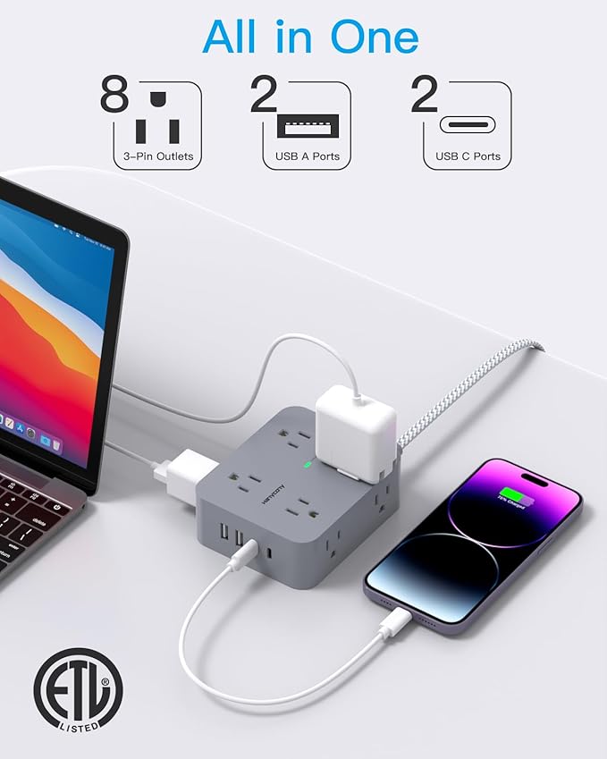 Extension Cord 6 Feet, Surge Protector Power Strip with 2 USB C Ports, 8 Outlets Extender with Flat Plug, Multi Plug Oulet for College Dorm Room Essentials