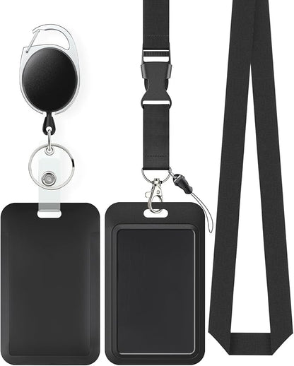 Uniclife Sliding Badge Holder Vertical Plastic Case with Retractable Badge Reel Carabiner and Detachable Lanyard Strap Hard Card Protector for ID Credit Proximity Key Card Driver’s License and Pass