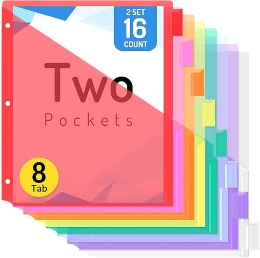 Forvencer 16 Count Dividers with Pockets, 8 Tab Dividers for 3 Ring Binder with Pockets, Subject Dividers with Pockets, Premium Quality Notebook Dividers with Pockets, Vibrant Color, 2 Sets