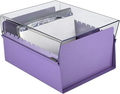 Acrimet 5 X 8 Card File Holder Organizer Metal Base Heavy Duty (AZ Index Cards and Divider Included) (Purple Color with Clear Crystal Plastic Lid Cover)