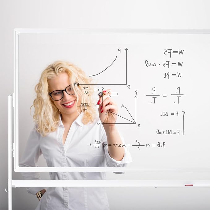 Mobile Clear Glass Whiteboard, TANKEE 48" X 32" Standing White Board on Wheels, Large Rolling Dry Erase Board with Stand, Transparent Tempered Glass Board with Paper Pad, Great for Office Home School