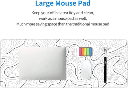 Abstract Topographic Map White Grey Black Gaming Mouse Pad Long Mouse Pad Large Desk Mat 31.5 X 11.8 Inch Mousepad with Non-Slip Base Stitched Edge Keyboard Mat for Gaming Office