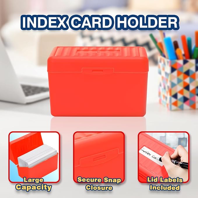 H4D 3x5 Index Card Holder with 100 Heavyweight Ruled Index Cards and 25 Plastic Dividers, Red