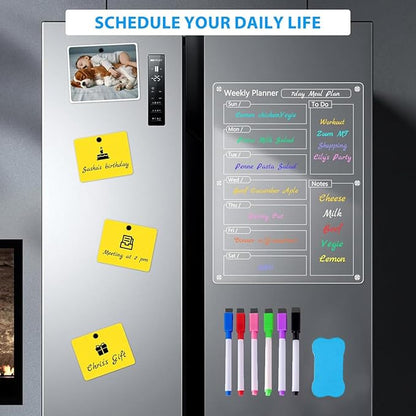 Acrylic Meal Planner Magnetic Menu Board for Kitchen Fridge with 6 Markers, Clear Refrigerator Weekly Planning Noteboard Grocery/Shopping List/Chore Chart, Magnetic Pen Holder Eraser 15.7" x 11.8"