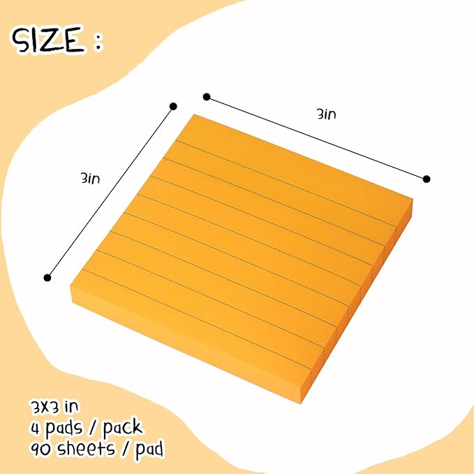 Lined Sticky Notes 3x3 Sticky Notes with Lines Self-Stick Notes Bright Color 4 Pads 90 Sheets/Pad (Orange)