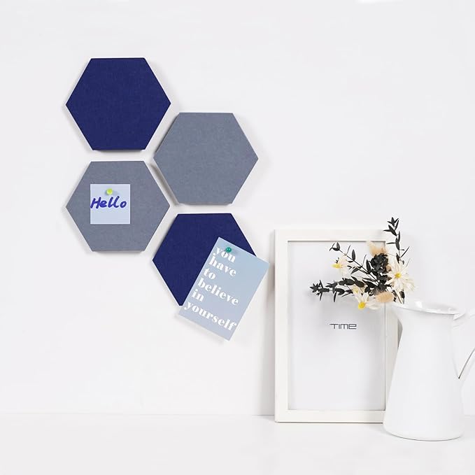 LAJAR 8 Pcs Hexagon Felt Bulletin Board Tiles, Self Adhesive Felt Pin Board Wall Tiles for Photos, Pictures, Memos (Navy Blue)