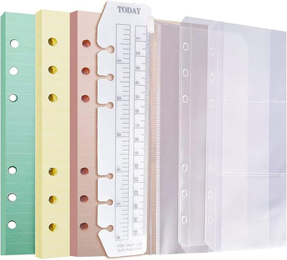 Chris.W A6 Refills Paper, 3 Pack 40 Sheets A6 Colorful Ruled Binder Paper, 3 Pcs Binder Pockets, 1 Page Marker - 6 Hole Notebook Inserts for 6 Ring Refillable A6 Binder Notebook Planner