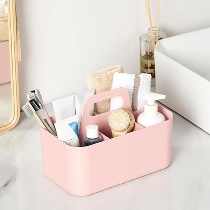Multiuse Caddy Organizer with Handle - Stackable Plastic Tote Bin - Art Craft Supplies, Office, Desk, Stationery Pen Holder, Kitchen, Utensil, Makeup, Bathroom, Shower, Cleaning, Dorm Organizer - Pink