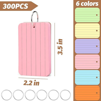 Koogel 300 Pcs Colored Index Cards, 2.2 x 3.5 Inch Study Notecards with Ring for School, Learning, Memory