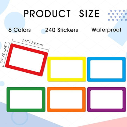6 Color Name Tag Stickers, 240PCS Waterproof Stickers 3.5X2.25 Inch Name Labels for Office, School, Classroom and Home