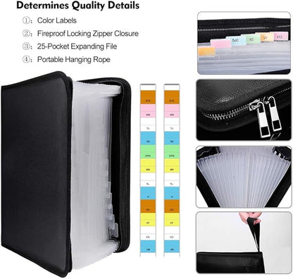 ENGPOW Expanding File Folder Important Document Organizer Fireproof Document Bag-A4 Size, 25 Pockets,Color Labels,Non-Itchy Silicone Coated Portable Filing Organizer Folder(14.3" x 9.8")
