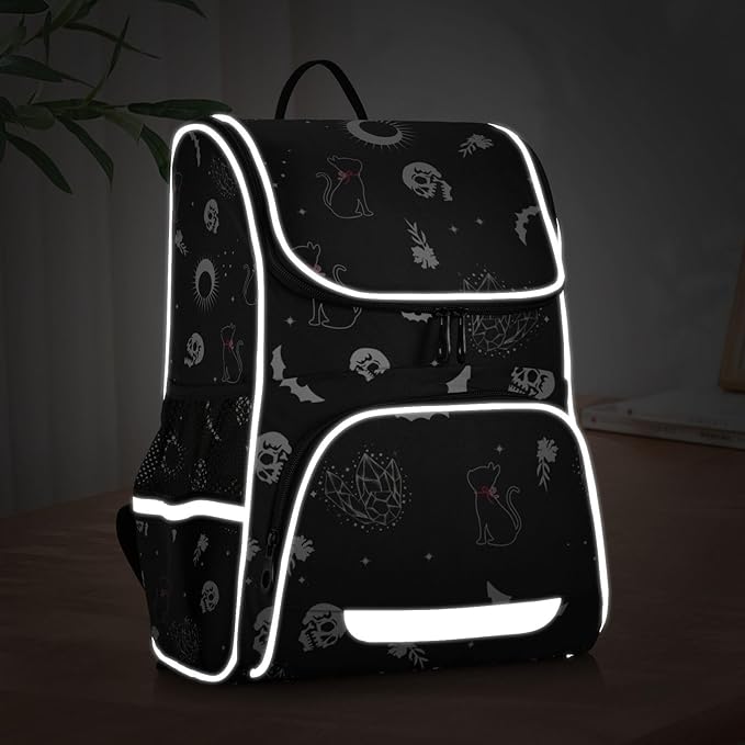Goth Skull Cat Backpack with Reflective Strip for Kids Boys Girls Elementary School Bag Removable Chest Strap