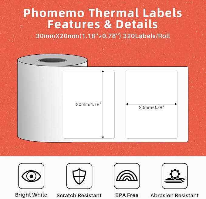 Phomemo Thermal Labels Sticker Paper, Multi-Purpose Rectangle White Self-Adhesive Tag for M110/M120/M220/M221/M150/M250 Label Maker, 1.18'' x 0.78"(30X 20mm), 320 Labels/Roll, Black on White