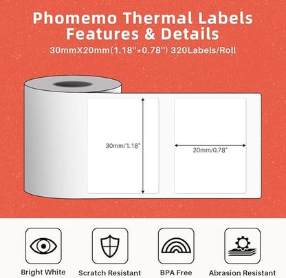 Phomemo Thermal Labels Sticker Paper, Multi-Purpose Rectangle White Self-Adhesive Tag for M110/M120/M220/M221/M150/M250 Label Maker, 1.18'' x 0.78"(30X 20mm), 320 Labels/Roll, Black on White
