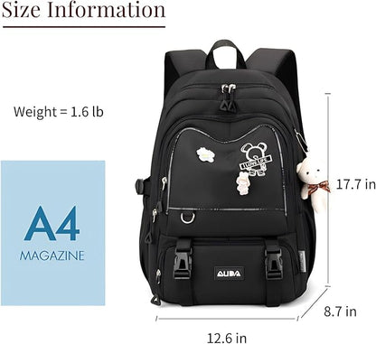 Cute School Laptop Backpack with Large Capacity Multiple Pockets for Girls Travel Friendly with Luggage Strap Accessory Included (Black)