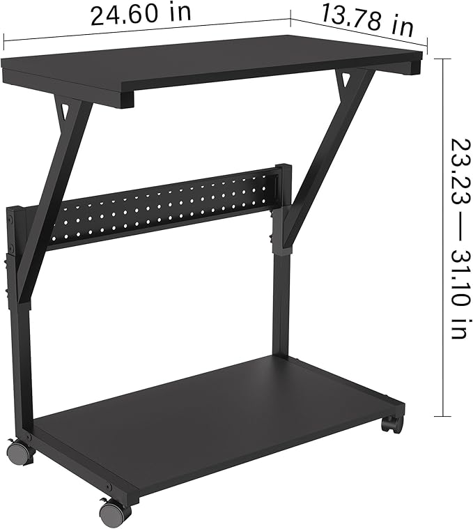 Computer Tower Cart - Height Adjustable PC Stand, 2-Tier ATX-Case CPU Holder Home Office Gaming Desk Accessories with Rolling Lockable Wheels, Laptop Table Standing Computer Desk, Rustic Black