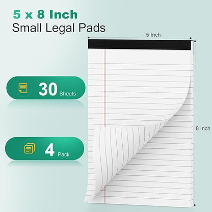 Legal Pads 5x8 Inch, 4 Pack, Narrow Ruled, 5x8 White Legal Pad, Mini Double-Sided Printing Notepad Perforated Note Pads 5x8" Lined Paper, Lined Writing Pads for Office Home School, 30 Sheet/Pad