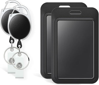 Uniclife 2 Pack Sliding Badge Holder Hard Black Vertical Plastic Card Case Protector with Retractable Badge Reel Carabiner for Office School ID Credit Proximity Key Card Driver’s License and Pass