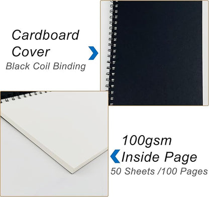 Blank Spiral Notebook, 3-Pack, Soft Cover, Sketch book, 100 Pages / 50 Sheets, 7.5 inch x 5.1 inch, 100GSM, (Black)