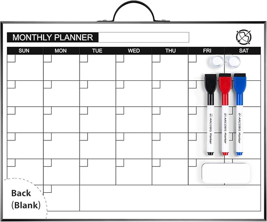 ARCOBIS Monthly Calendar Whiteboard - 12" x 16" Double-Sided Magnetic Dry Erase Board with Black Frame - Portable Wall Hanging Planner for Home, Office, School