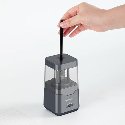 Amazon Basics Portable Electric Pencil Sharpener, Helical Blade, Auto Stop, Battery/USB Cord Operated, Black, 2.87 x 2.87 x 5.3 in