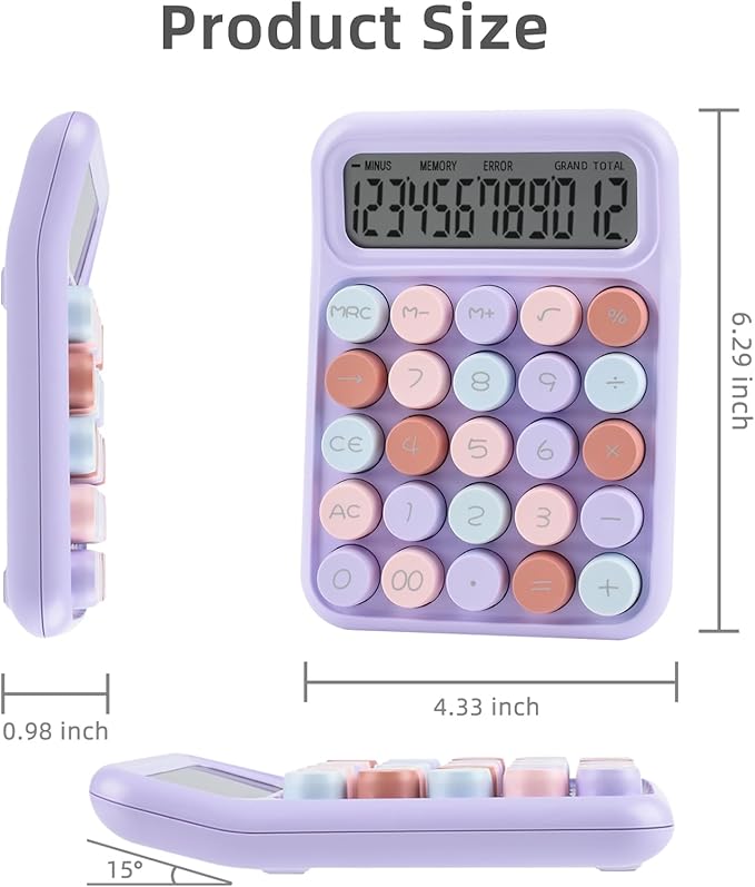 Desktop Mechanical Calculator, 12-Digit Large LCD Display Basic Standard Calculators with Cute Big Buttons, Desk Accessories, for Office Home School (Purple)