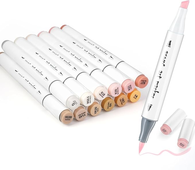 SFAIH Skin Tone Brush Tip Alcohol Markers - 12 Light Skin Colors Double Tipped Art Markers for Artist Adult Coloring Illustration, Gifts for Artist Adult, Dual Tip Brush & Chisel - Refillable Ink
